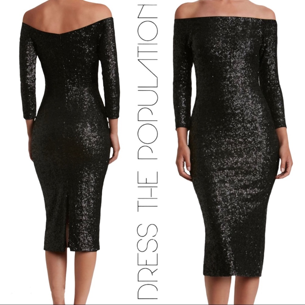 Dress the Population Black Sequin Midi Dress